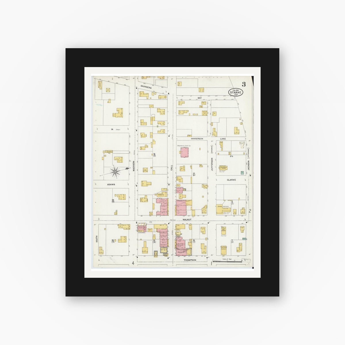 Old map wall art mockup — black gallery frame with white mat — Sanborn Fire Insurance Map from Starke, Bradford County, Florida (1906), Sheet #0003