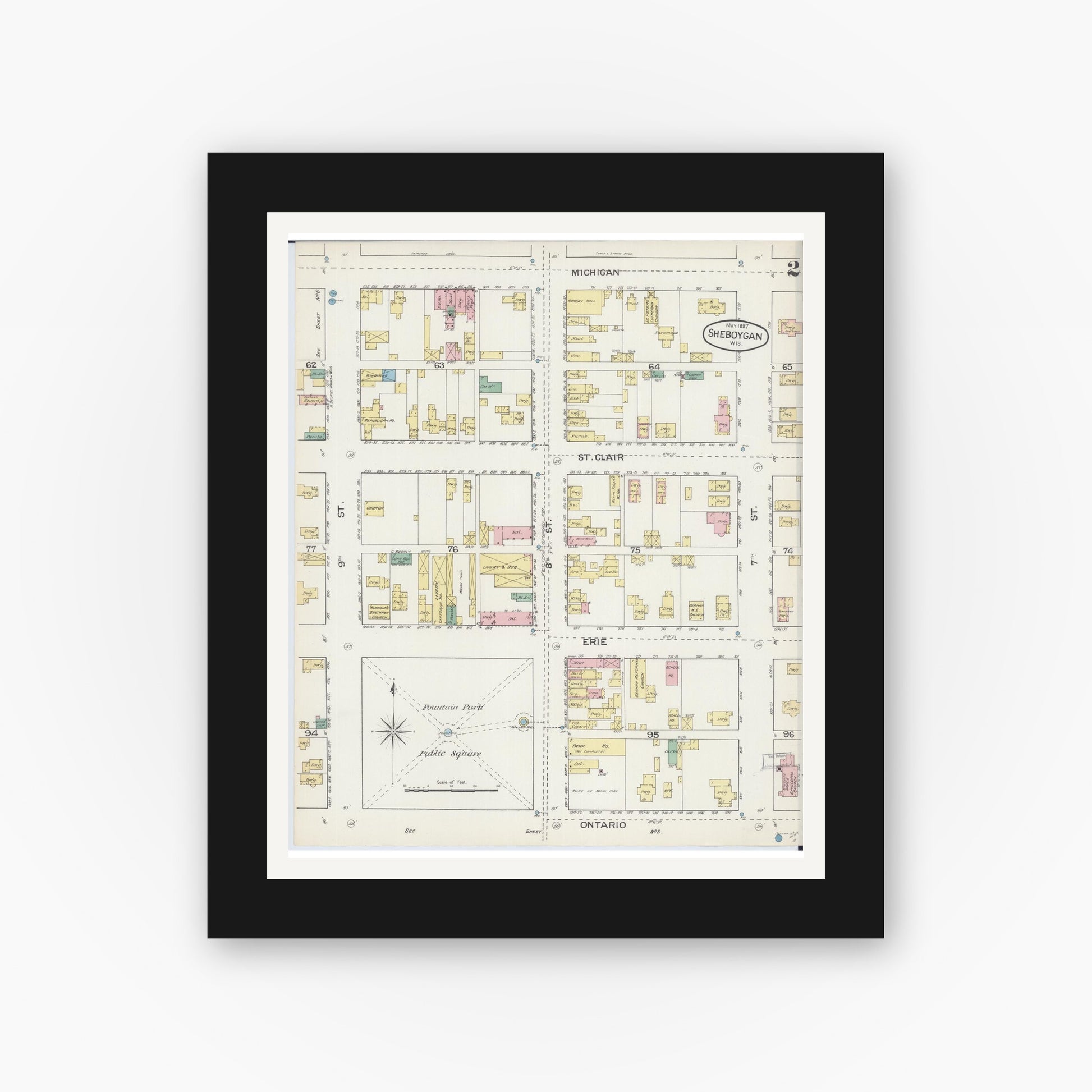 Old map wall art mockup — black gallery frame with white mat — Sanborn Fire Insurance Map from Sheboygan, Sheboygan County, Wisconsin (1887), Sheet #0002