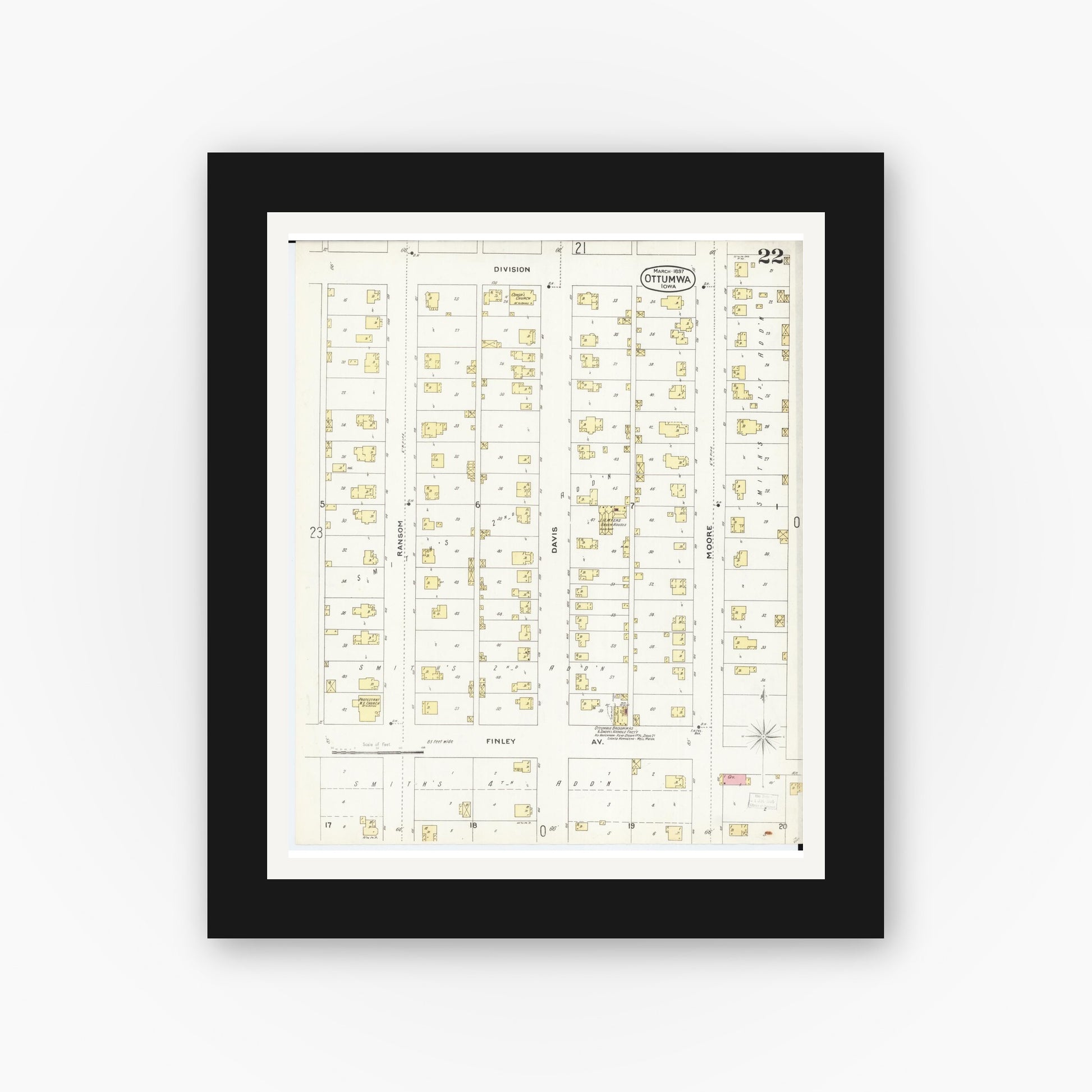 Old map wall art mockup — black gallery frame with white mat — Sanborn Fire Insurance Map from Ottumwa, Wapello County, Iowa (1897), Sheet #0022