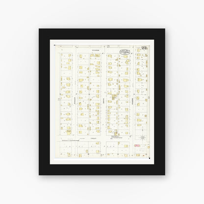 Old map wall art mockup — black gallery frame with white mat — Sanborn Fire Insurance Map from Ottumwa, Wapello County, Iowa (1897), Sheet #0022