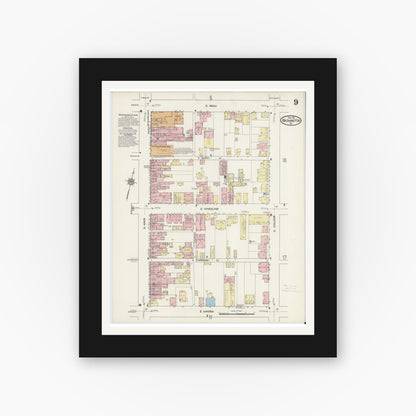 Old map wall art mockup — black gallery frame with white mat — Sanborn Fire Insurance Map from Washington, Washington County, Pennsylvania (1914), Sheet #0009
