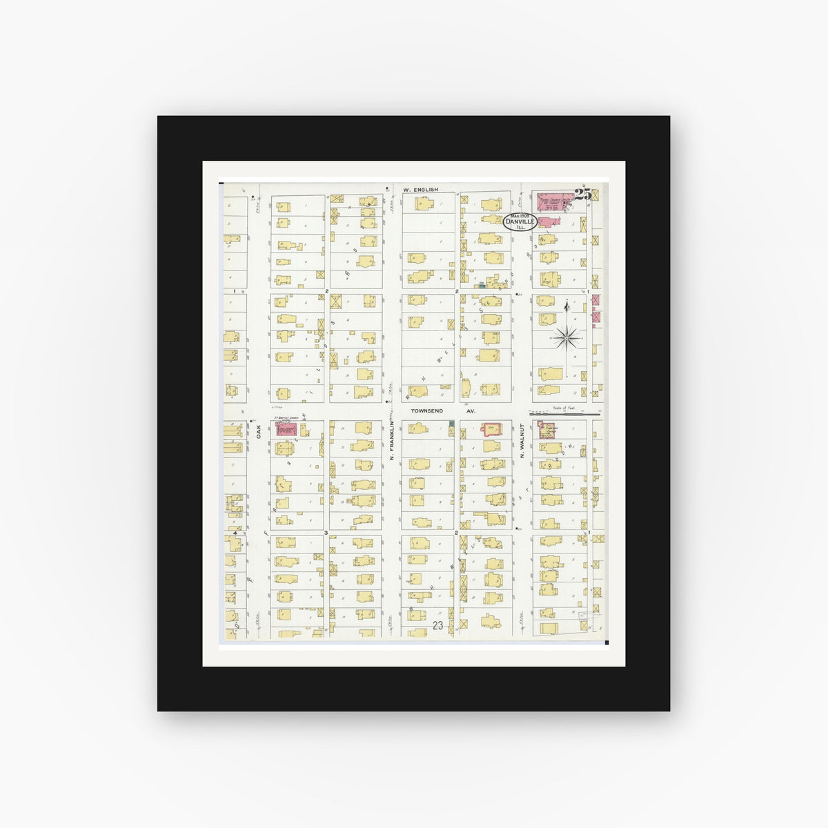 Old map wall art mockup — black gallery frame with white mat — Sanborn Fire Insurance Map from Danville, Vermilion County, Illinois (1909), Sheet #0025