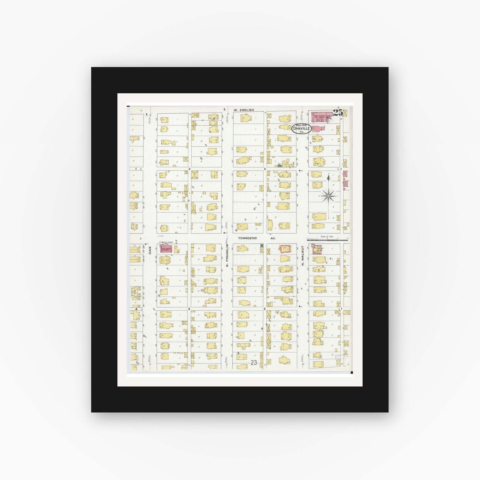 Old map wall art mockup — black gallery frame with white mat — Sanborn Fire Insurance Map from Danville, Vermilion County, Illinois (1909), Sheet #0025
