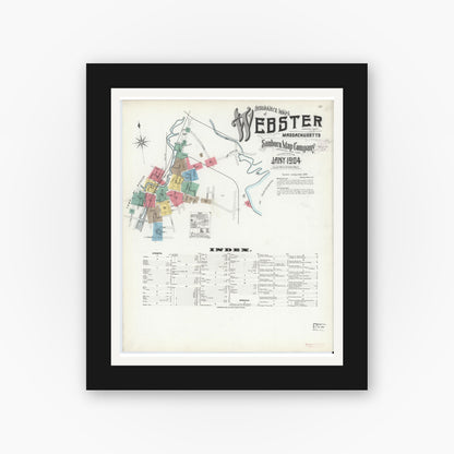 Old map wall art mockup — black gallery frame with white mat — Sanborn Fire Insurance Map from Webster, Worcester County, Massachusetts (1904), Sheet #0001