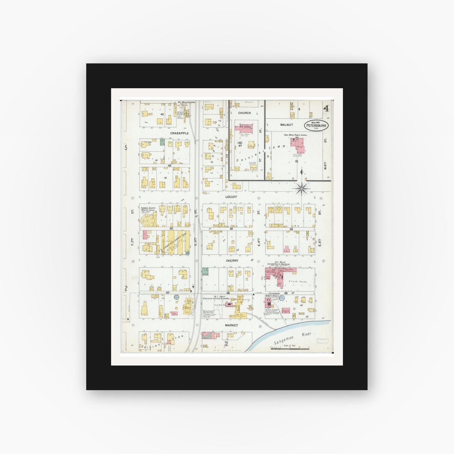 Old map wall art mockup — black gallery frame with white mat — Sanborn Fire Insurance Map from Petersburg, Menard County, Illinois (1901), Sheet #0004