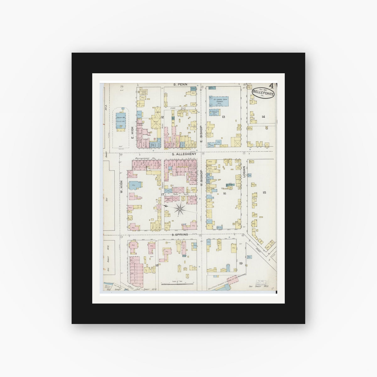 Old map wall art mockup — black gallery frame with white mat — Sanborn Fire Insurance Map from Bellefonte, Centre County, Pennsylvania (1887), Sheet #0004