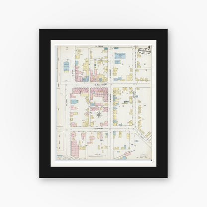 Old map wall art mockup — black gallery frame with white mat — Sanborn Fire Insurance Map from Bellefonte, Centre County, Pennsylvania (1887), Sheet #0004