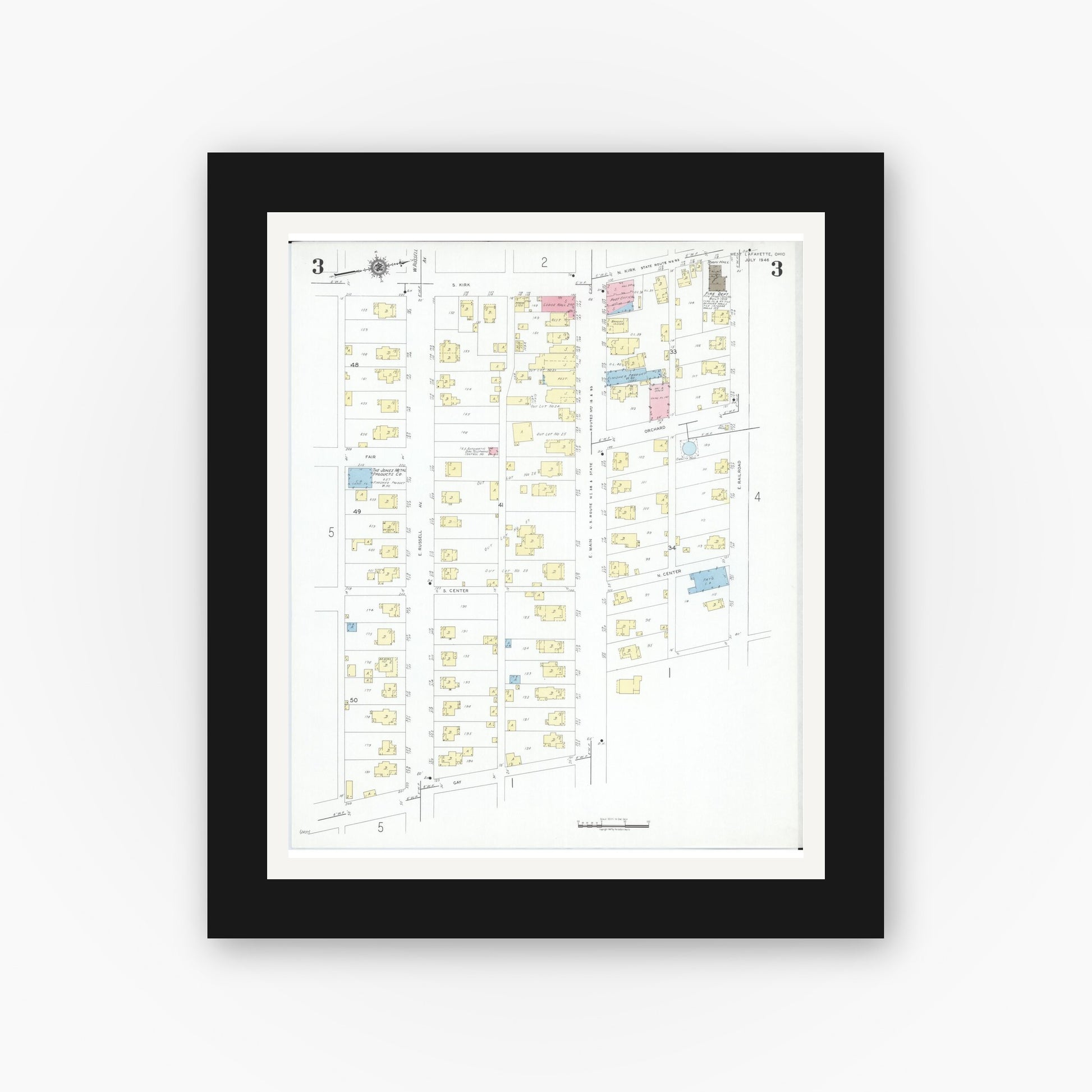 Old map wall art mockup — black gallery frame with white mat — Sanborn Fire Insurance Map from West Lafayette, Coshocton County, Ohio (1946), Sheet #0003