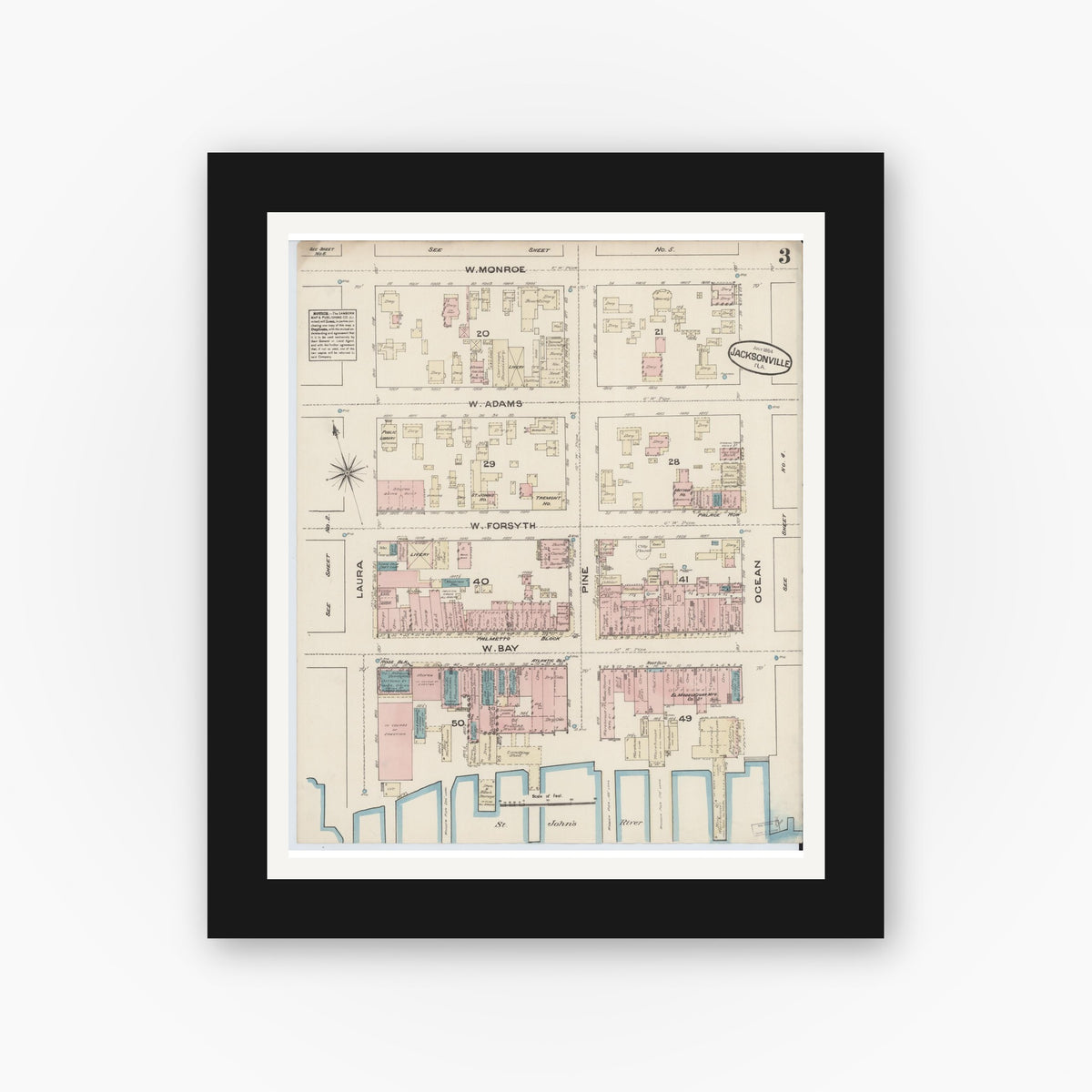 Old map wall art mockup — black gallery frame with white mat — Sanborn Fire Insurance Map from Jacksonville, Duval County, Florida (1884), Sheet #0003