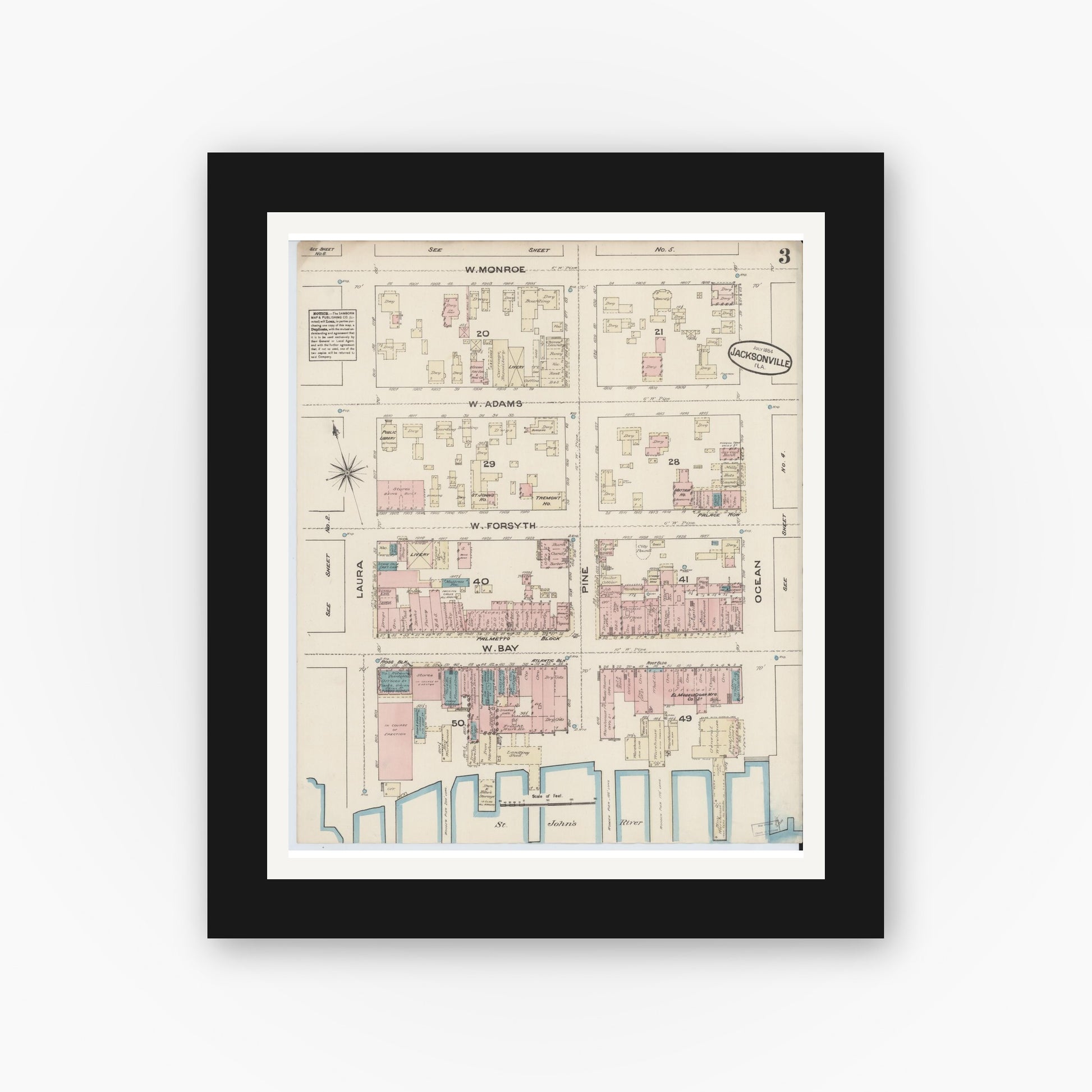 Old map wall art mockup — black gallery frame with white mat — Sanborn Fire Insurance Map from Jacksonville, Duval County, Florida (1884), Sheet #0003