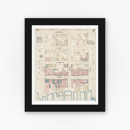 Old map wall art mockup — black gallery frame with white mat — Sanborn Fire Insurance Map from Jacksonville, Duval County, Florida (1884), Sheet #0003