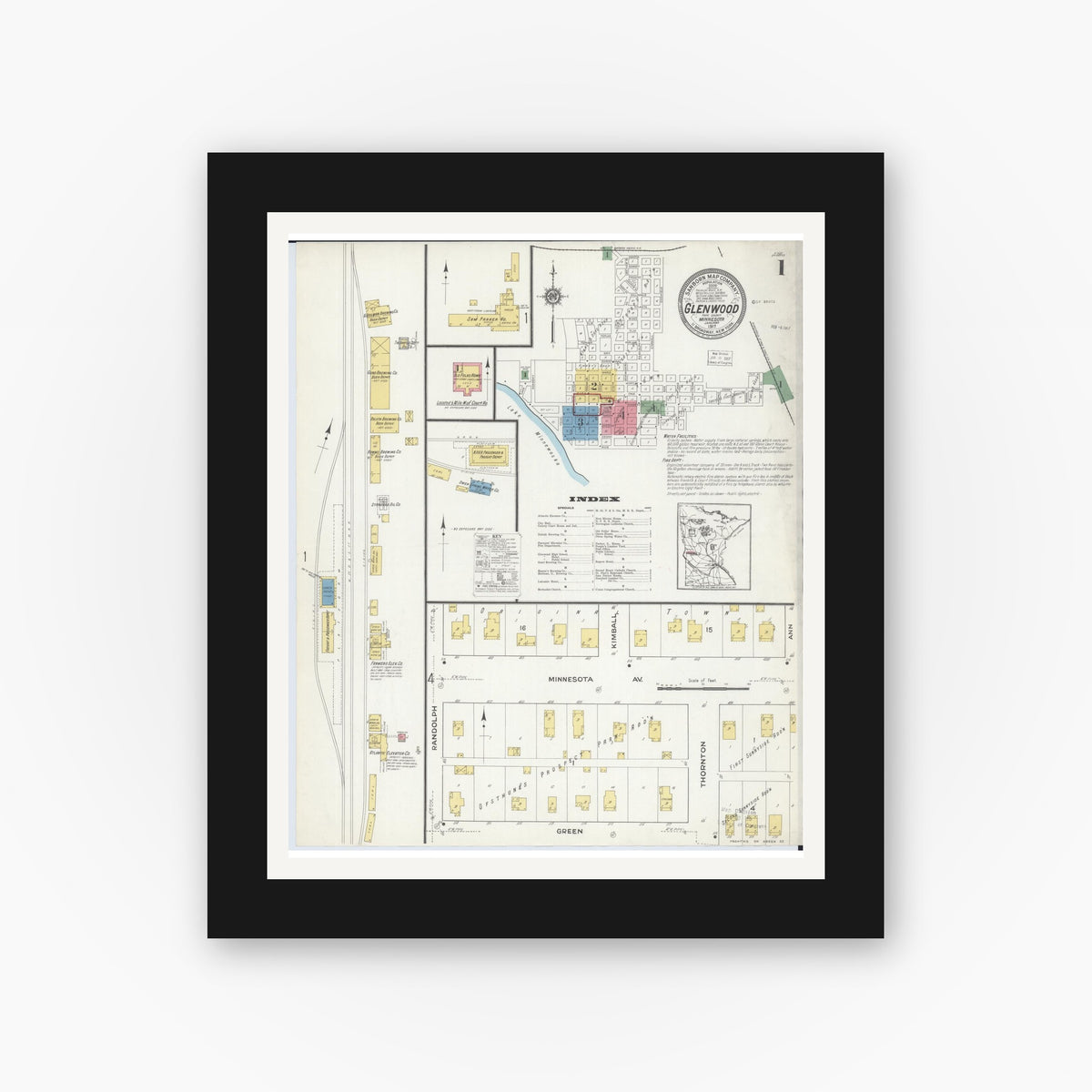 Old map wall art mockup — black gallery frame with white mat — Sanborn Fire Insurance Map from Glenwood, Pope County, Minnesota (1917), Sheet #0001