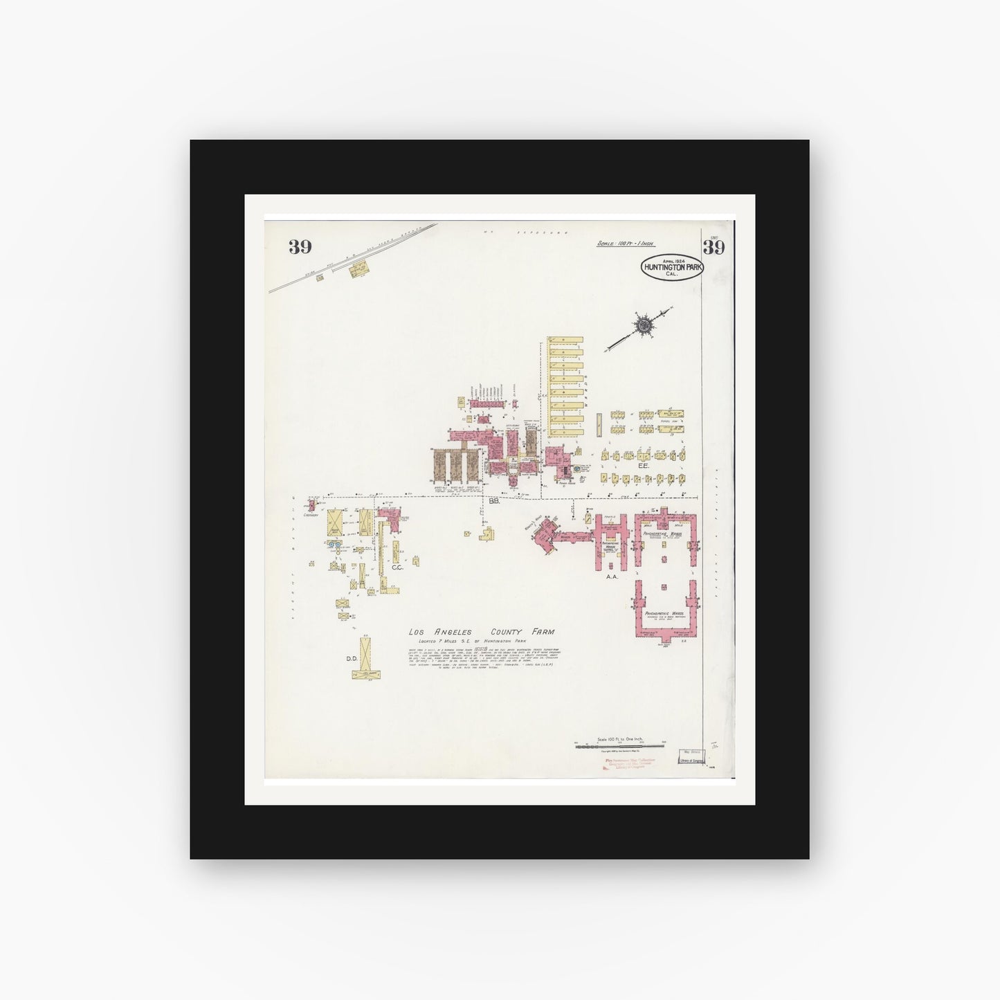 Old map wall art mockup — black gallery frame with white mat — Sanborn Fire Insurance Map from Huntington Park, Los Angeles County, California (1924), Sheet #0039