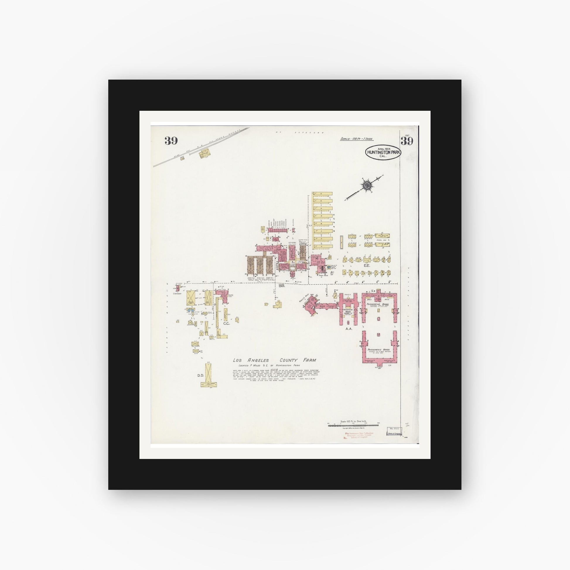 Old map wall art mockup — black gallery frame with white mat — Sanborn Fire Insurance Map from Huntington Park, Los Angeles County, California (1924), Sheet #0039