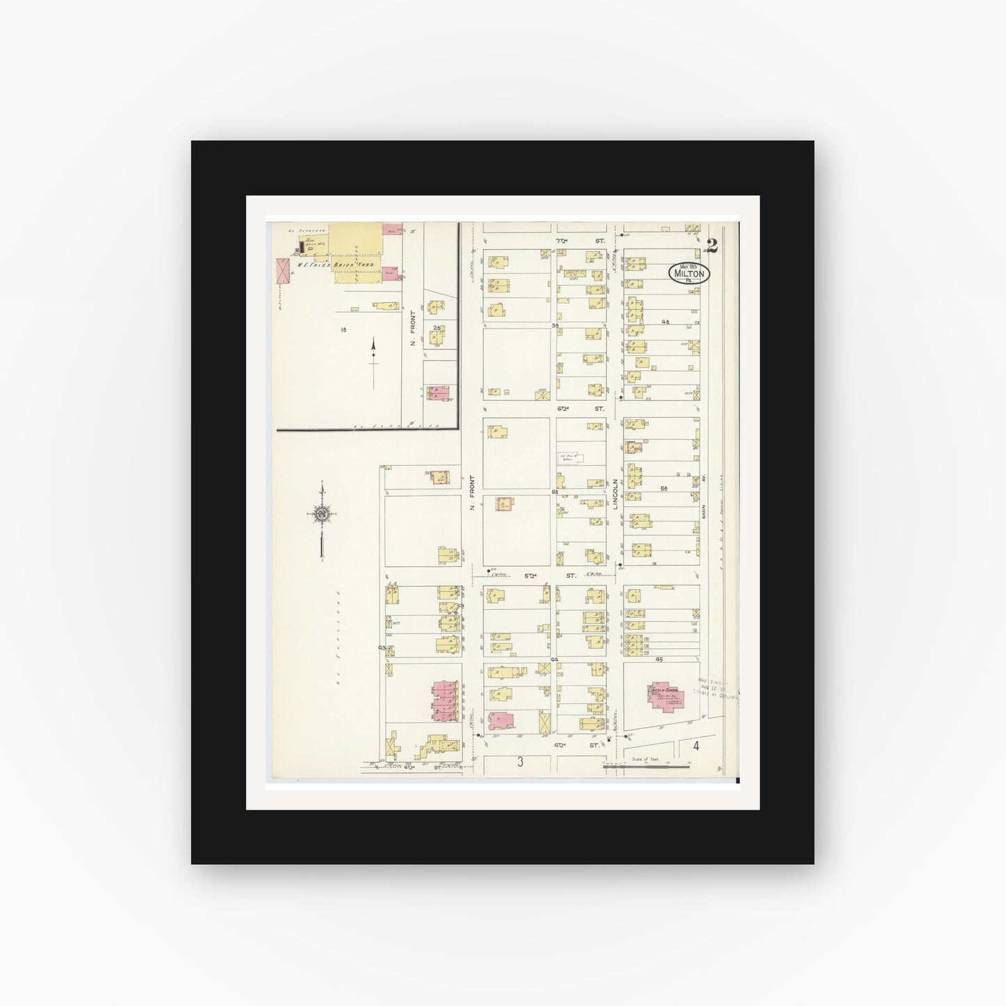 Old map wall art mockup — black gallery frame with white mat — Sanborn Fire Insurance Map from Milton, Northumberland County, Pennsylvania (1913), Sheet #0002