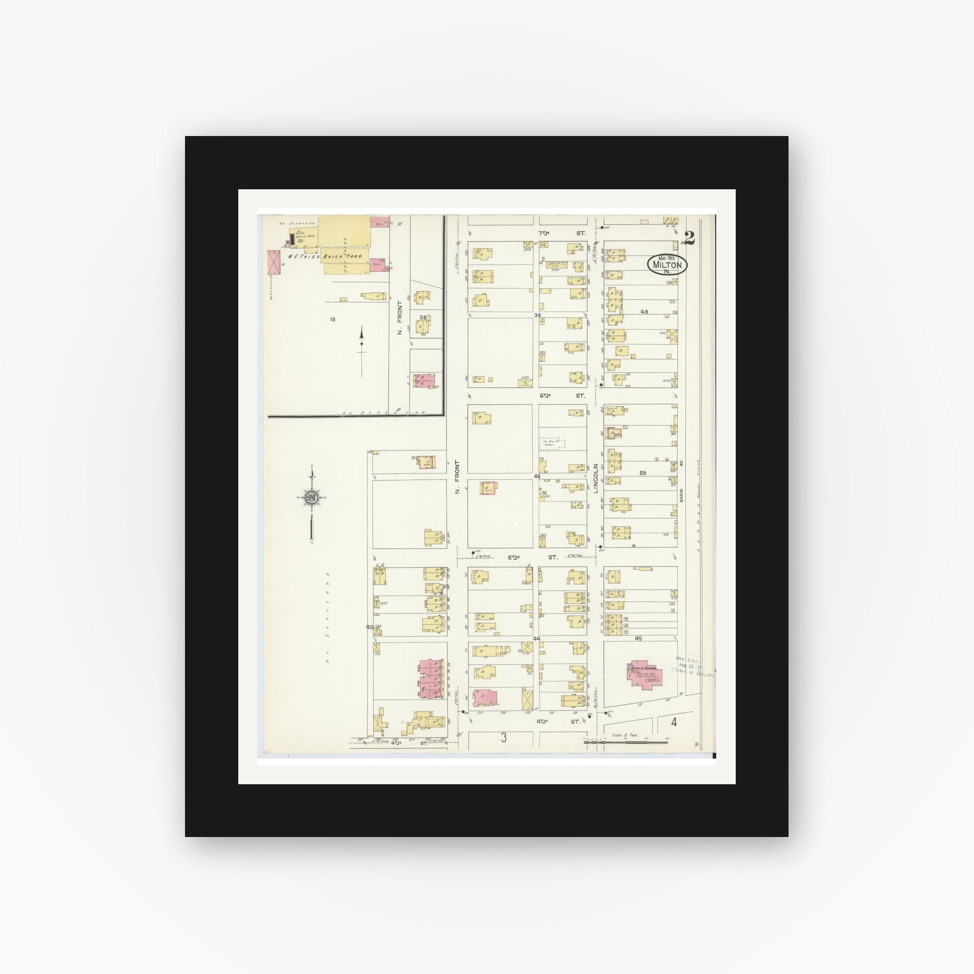 Old map wall art mockup — black gallery frame with white mat — Sanborn Fire Insurance Map from Milton, Northumberland County, Pennsylvania (1913), Sheet #0002