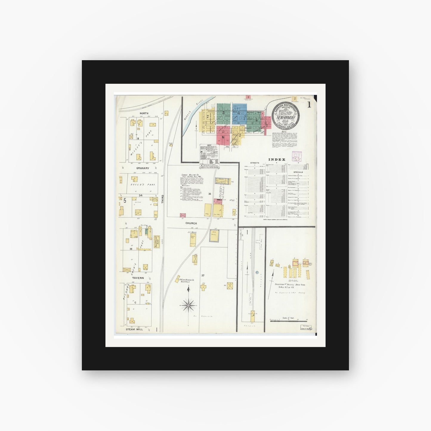 Old map wall art mockup — black gallery frame with white mat — Sanborn Fire Insurance Map from New Harmony, Posey County, Indiana (1907), Sheet #0001