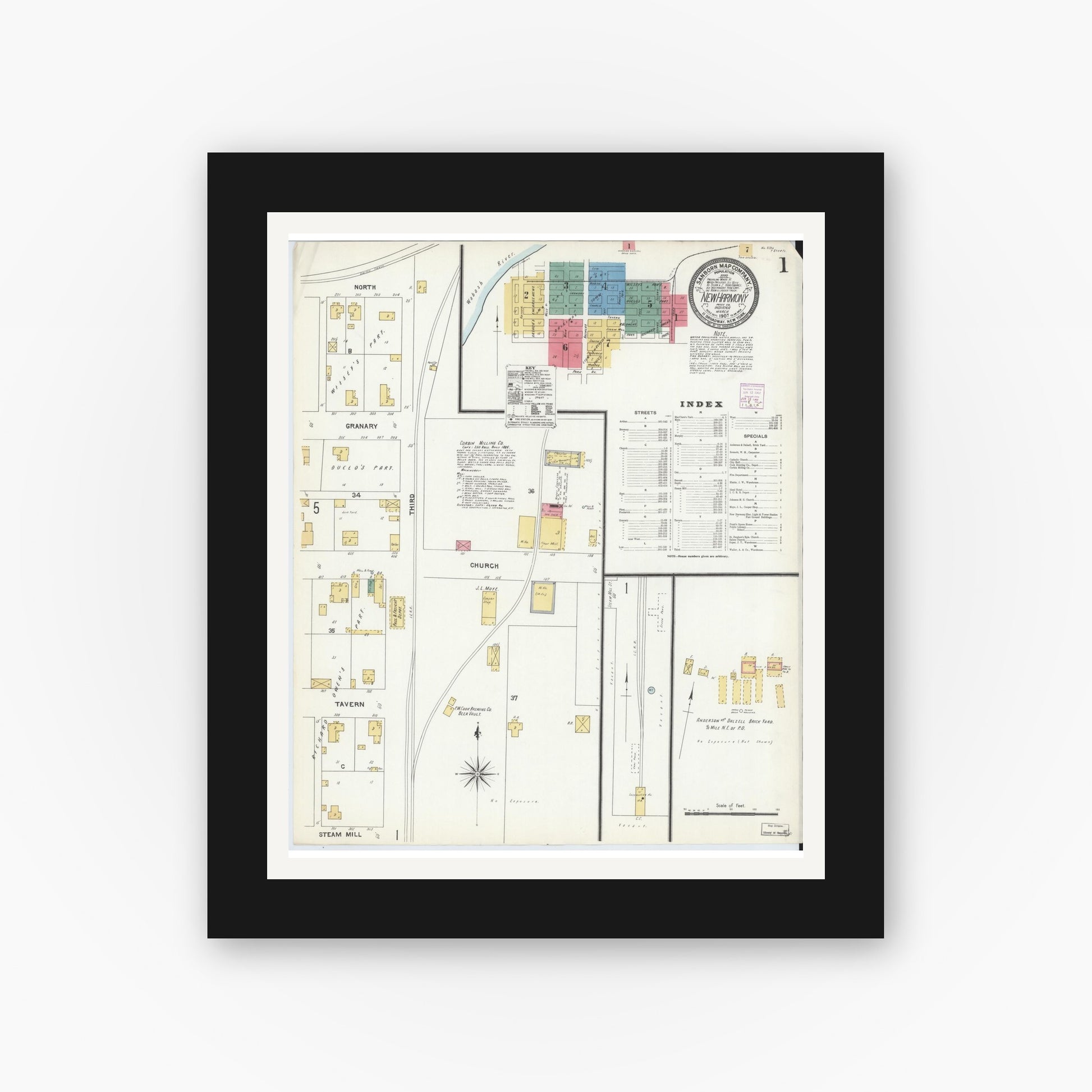Old map wall art mockup — black gallery frame with white mat — Sanborn Fire Insurance Map from New Harmony, Posey County, Indiana (1907), Sheet #0001