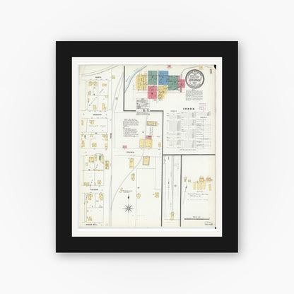 Old map wall art mockup — black gallery frame with white mat — Sanborn Fire Insurance Map from New Harmony, Posey County, Indiana (1907), Sheet #0001