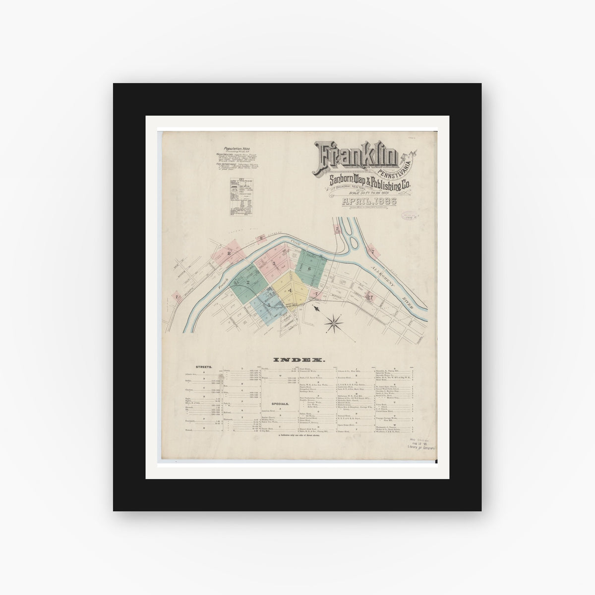 Old map wall art mockup — black gallery frame with white mat — Sanborn Fire Insurance Map from Franklin, Venango County, Pennsylvania (1888), Sheet #0001