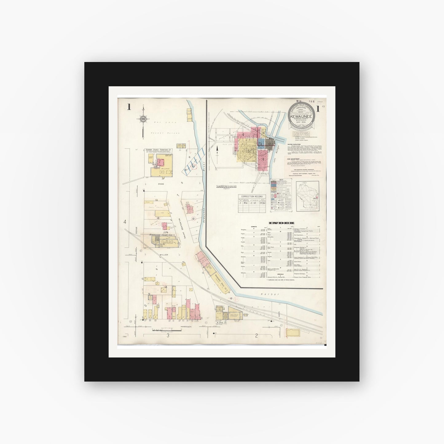 Old map wall art mockup — black gallery frame with white mat — Sanborn Fire Insurance Map from Kewaunee, Kewaunee County, Wisconsin (1941) - Complete Map Set