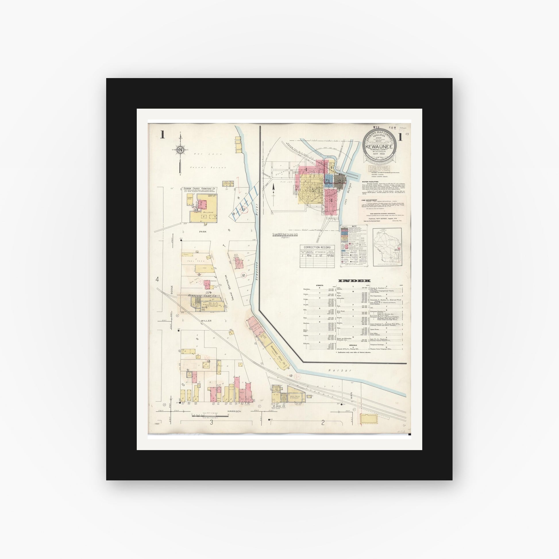 Old map wall art mockup — black gallery frame with white mat — Sanborn Fire Insurance Map from Kewaunee, Kewaunee County, Wisconsin (1941) - Complete Map Set