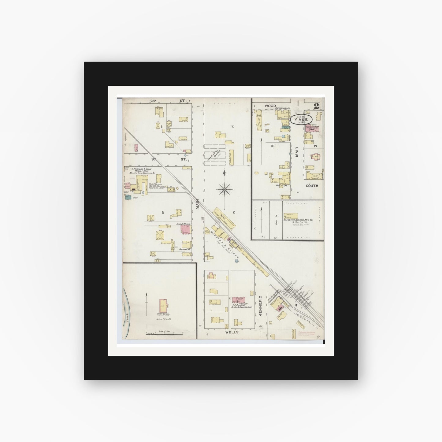 Old map wall art mockup — black gallery frame with white mat — Sanborn Fire Insurance Map from Yale, Saint Clair County, Michigan (1893), Sheet #0002