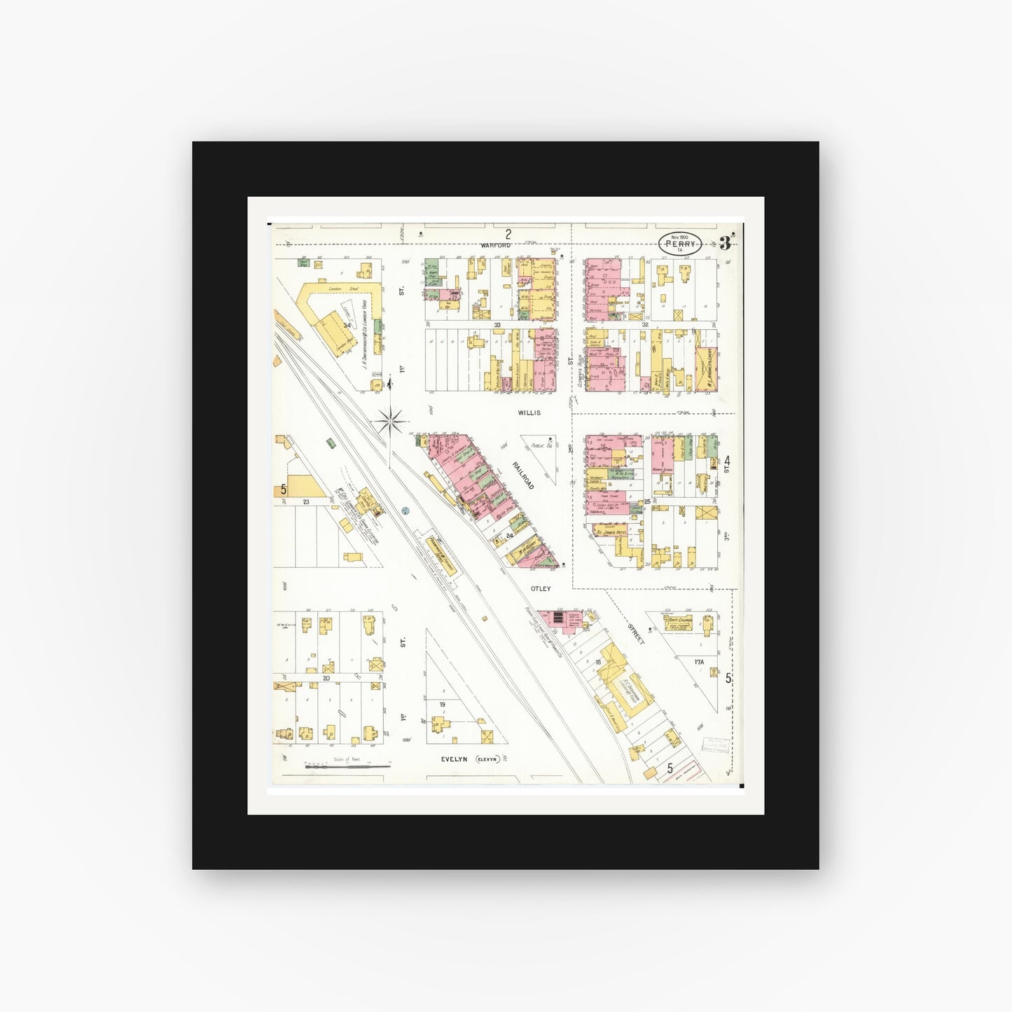 Old map wall art mockup — black gallery frame with white mat — Sanborn Fire Insurance Map from Perry, Dallas County, Iowa (1900), Sheet #0003