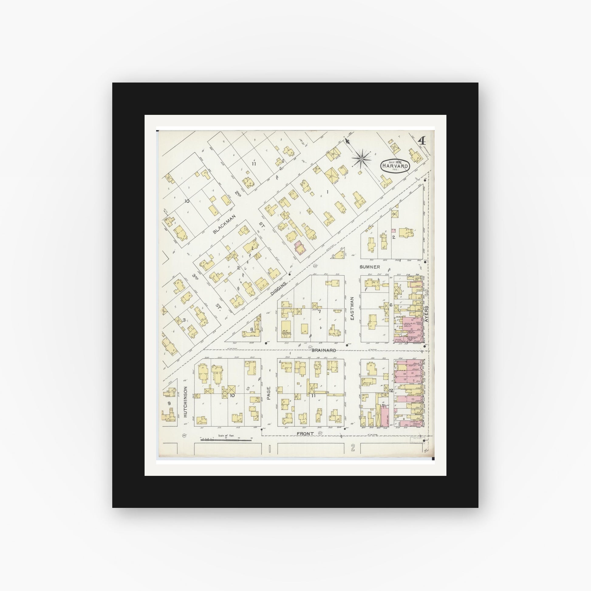 Old map wall art mockup — black gallery frame with white mat — Sanborn Fire Insurance Map from Harvard, McHenry County, Illinois (1892), Sheet #0004