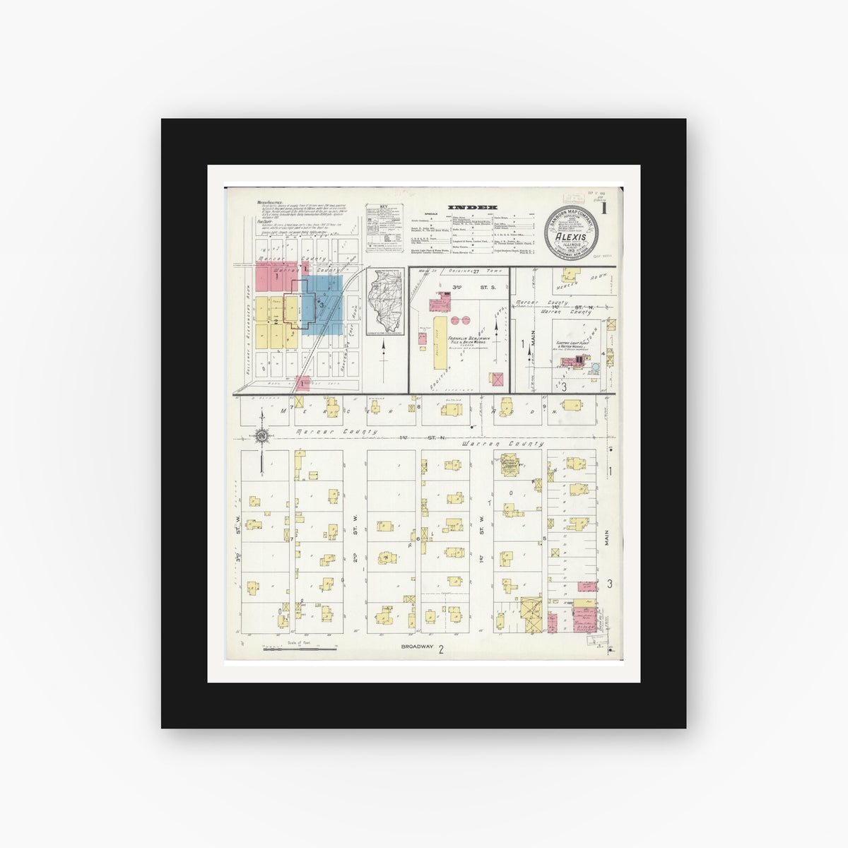 Old map wall art mockup — black gallery frame with white mat — Sanborn Fire Insurance Map from Alexis, Warren County, Illinois (1913), Sheet #0001
