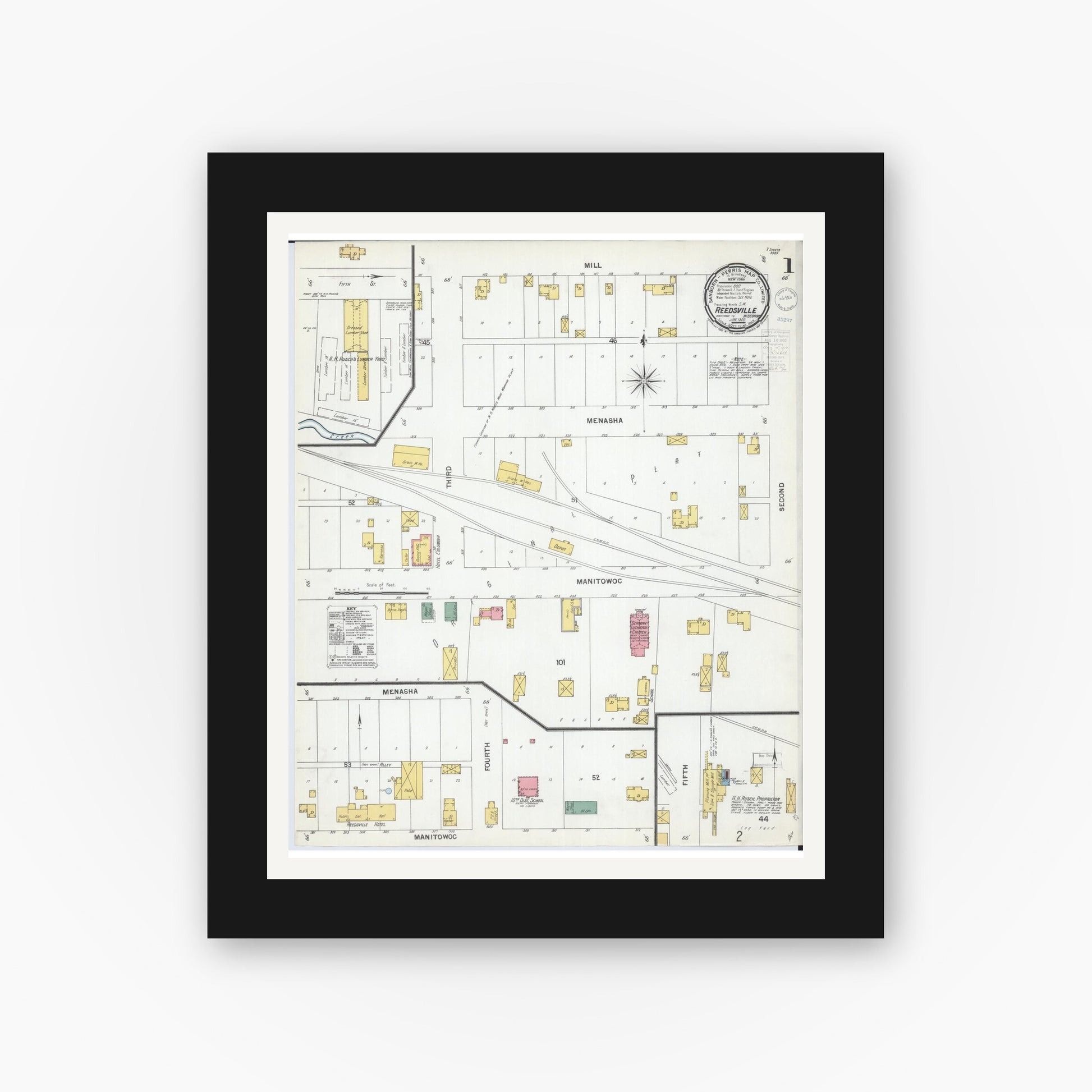 Old map wall art mockup — black gallery frame with white mat — Sanborn Fire Insurance Map from Reedsville, Manitowoc County, Wisconsin (1900) - Complete Map Set