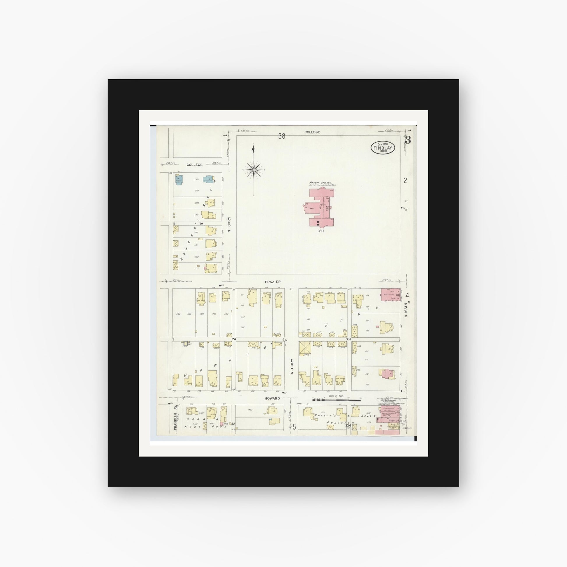 Old map wall art mockup — black gallery frame with white mat — Sanborn Fire Insurance Map from Findlay, Hancock County, Ohio (1908), Sheet #0003