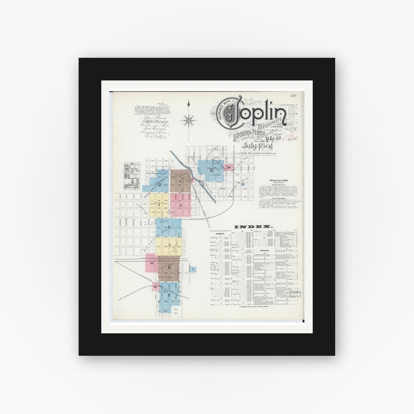Old map wall art mockup — black gallery frame with white mat — Sanborn Fire Insurance Map from Joplin, Jasper County, Missouri (1891) - Complete Map Set