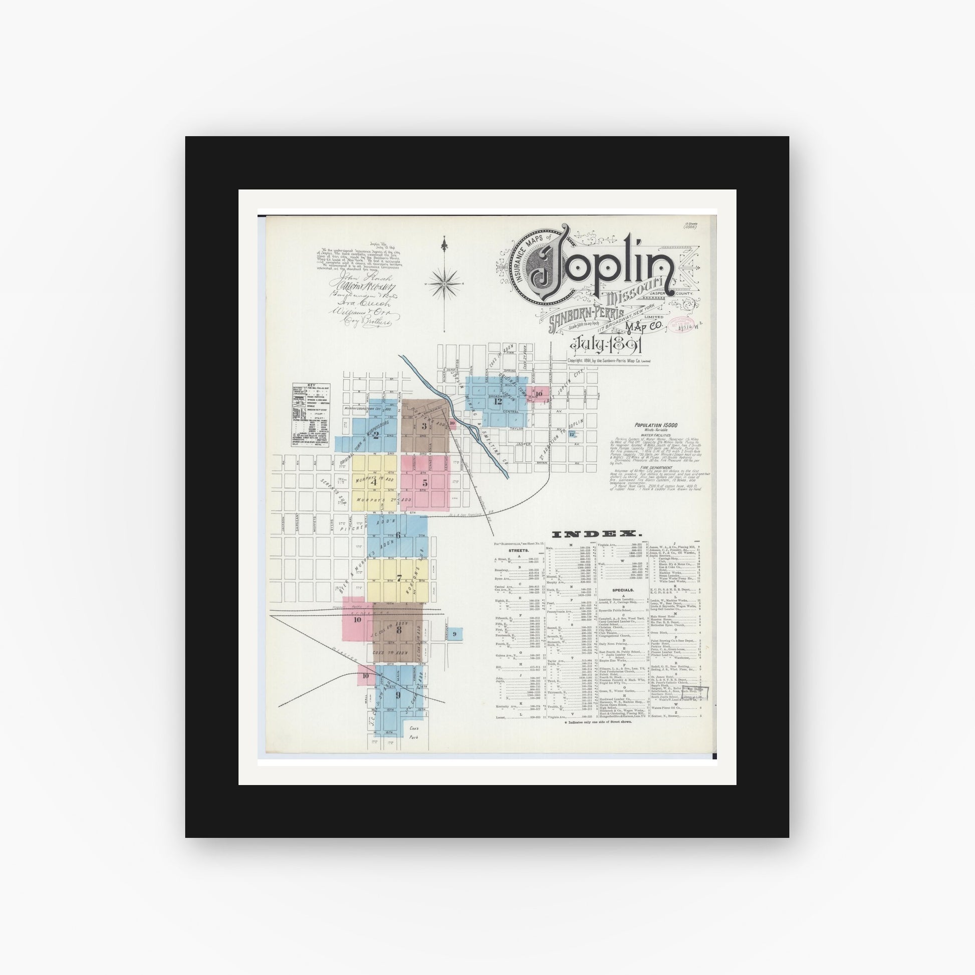 Old map wall art mockup — black gallery frame with white mat — Sanborn Fire Insurance Map from Joplin, Jasper County, Missouri (1891) - Complete Map Set