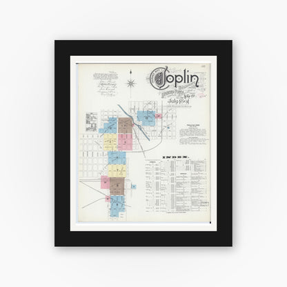 Old map wall art mockup — black gallery frame with white mat — Sanborn Fire Insurance Map from Joplin, Jasper County, Missouri (1891) - Complete Map Set