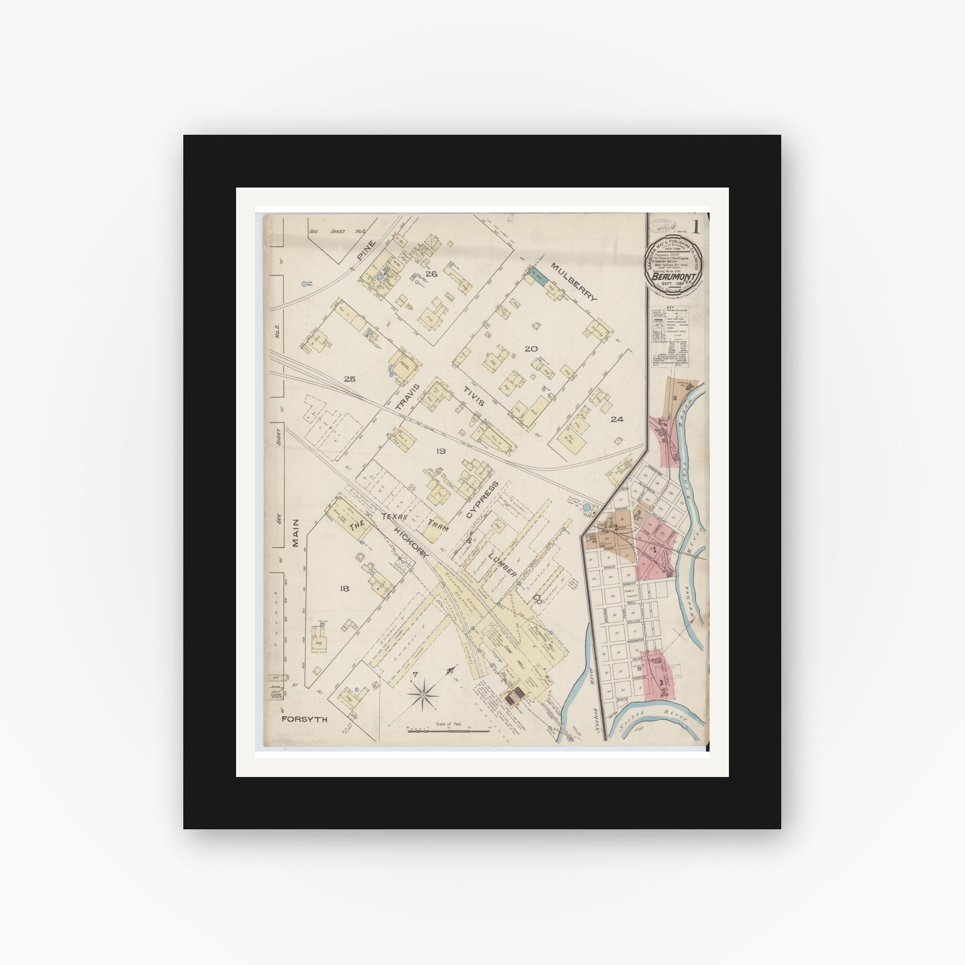Old map wall art mockup — black gallery frame with white mat — Sanborn Fire Insurance Map from Beaumont, Jefferson County, Texas (1885), Sheet #0001