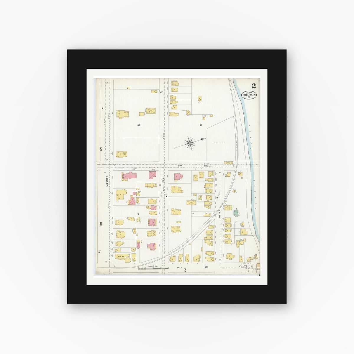 Old map wall art mockup — black gallery frame with white mat — Sanborn Fire Insurance Map from Franklin, Venango County, Pennsylvania (1906), Sheet #0002