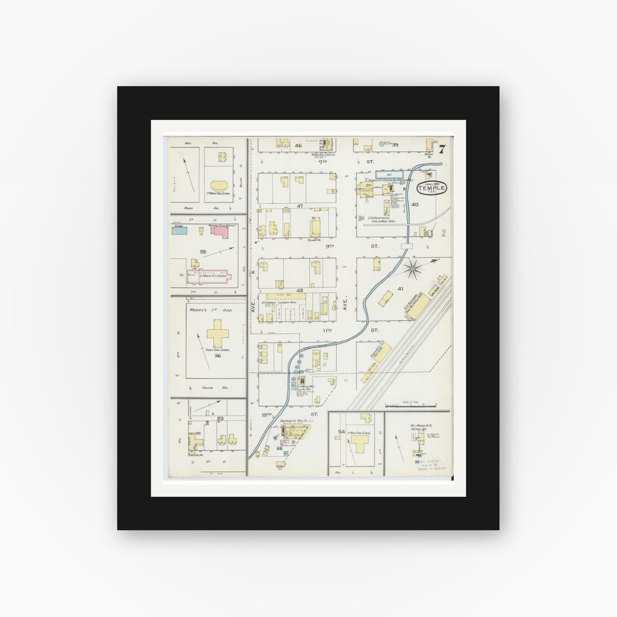 Old map wall art mockup — black gallery frame with white mat — Sanborn Fire Insurance Map from Temple, Bell County, Texas (1893), Sheet #0007