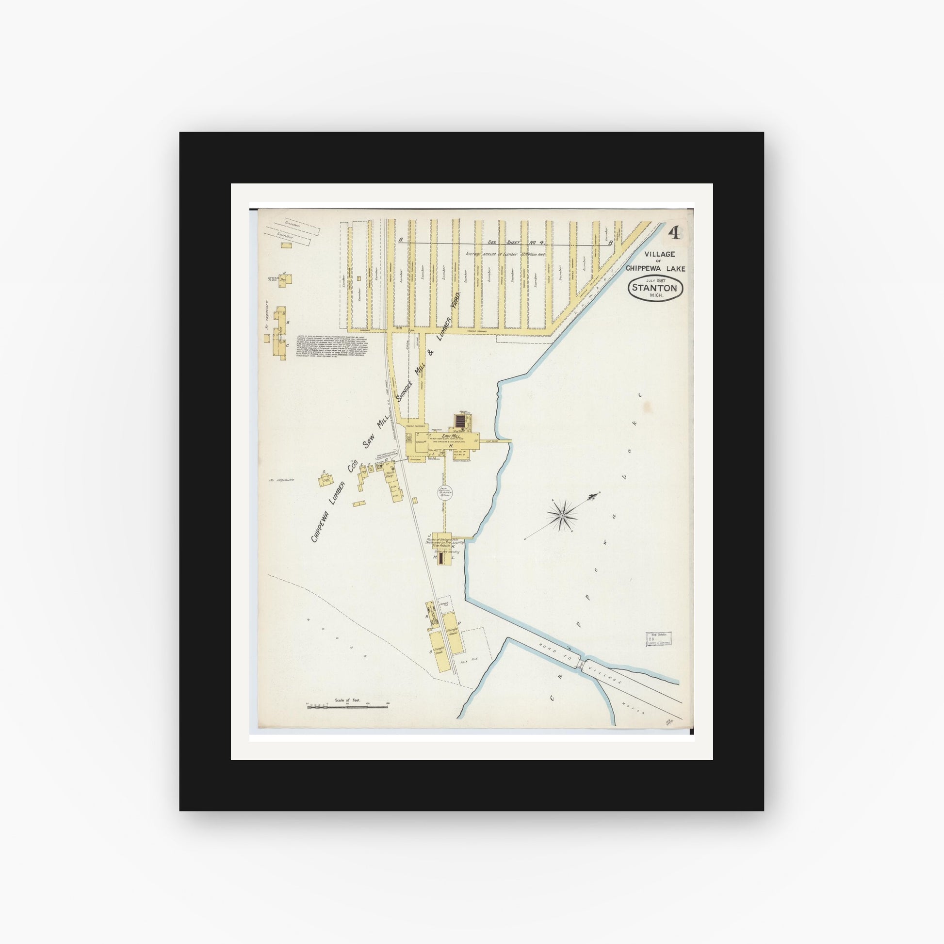 Old map wall art mockup — black gallery frame with white mat — Sanborn Fire Insurance Map from Stanton, Montcalm County, Michigan (1887), Sheet #0004