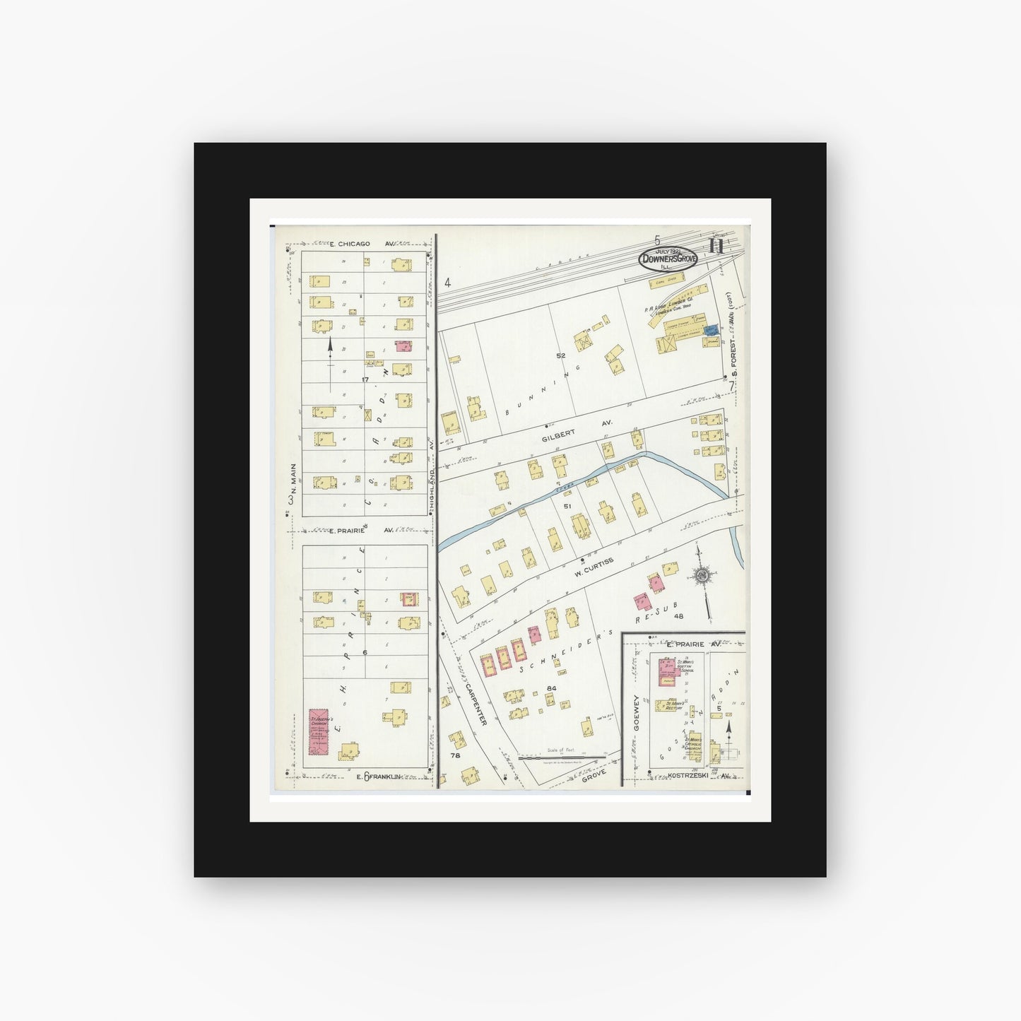 Old map wall art mockup — black gallery frame with white mat — Sanborn Fire Insurance Map from Downers Grove, Dupage County, Illinois (1921), Sheet #0011