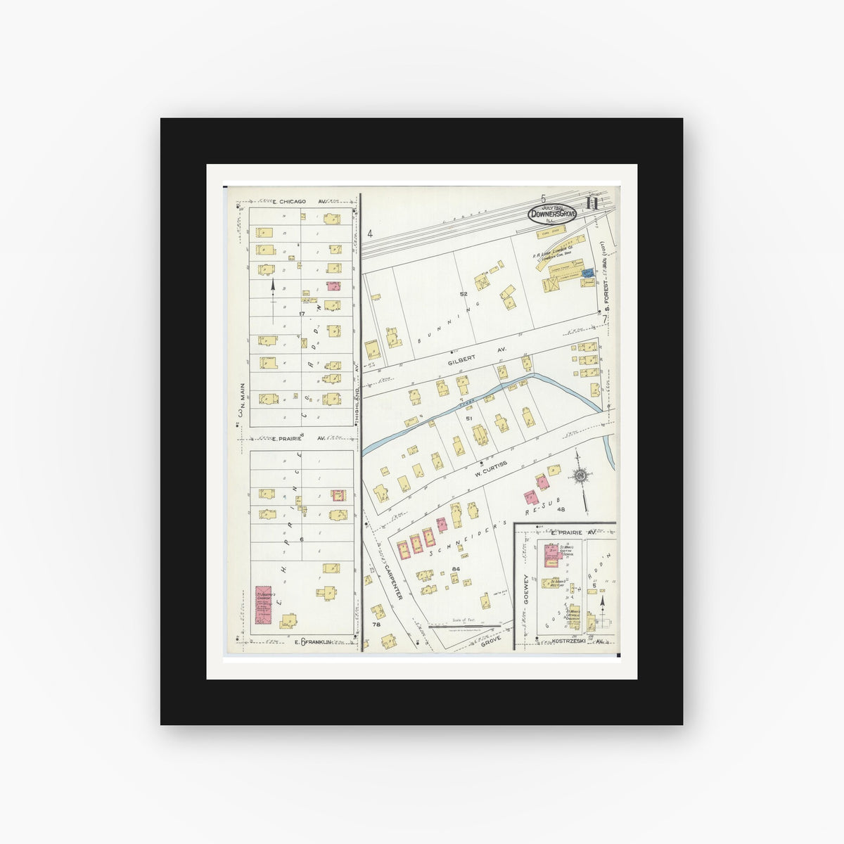 Old map wall art mockup — black gallery frame with white mat — Sanborn Fire Insurance Map from Downers Grove, Dupage County, Illinois (1921), Sheet #0011