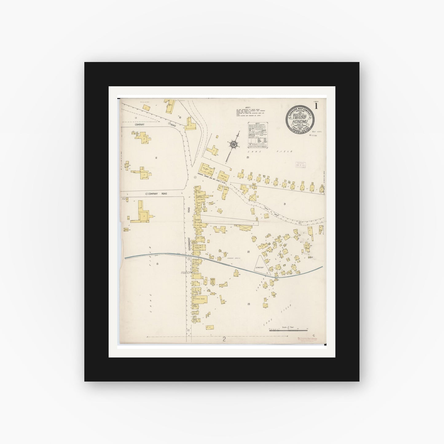 Old map wall art mockup — black gallery frame with white mat — Sanborn Fire Insurance Map from Honomu, Hawaii County, Hawaii (1914) - Complete Map Set