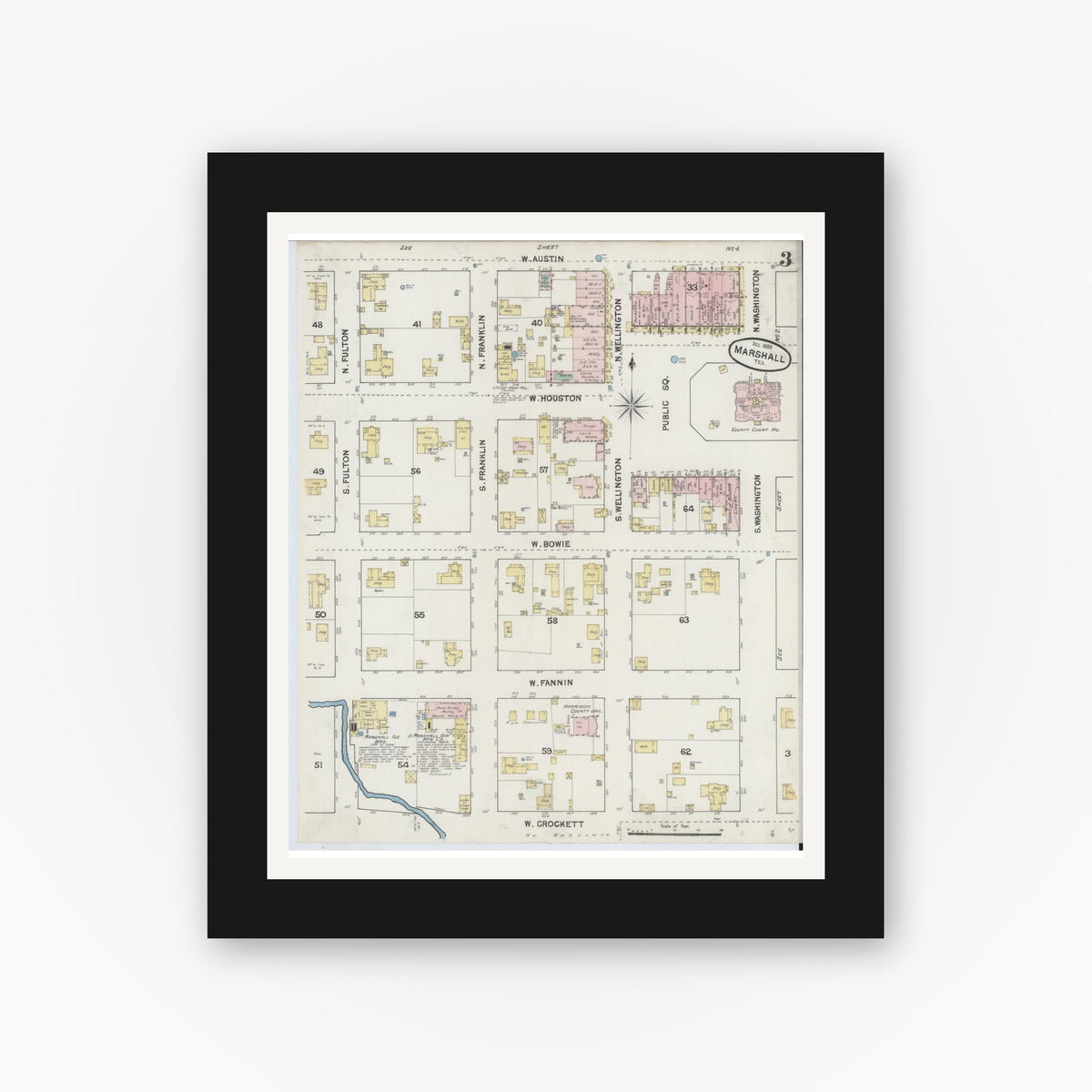 Old map wall art mockup — black gallery frame with white mat — Sanborn Fire Insurance Map from Marshall, Harrison County, Texas (1889), Sheet #0003