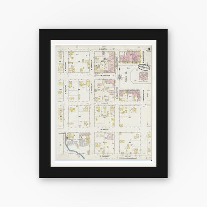 Old map wall art mockup — black gallery frame with white mat — Sanborn Fire Insurance Map from Marshall, Harrison County, Texas (1889), Sheet #0003