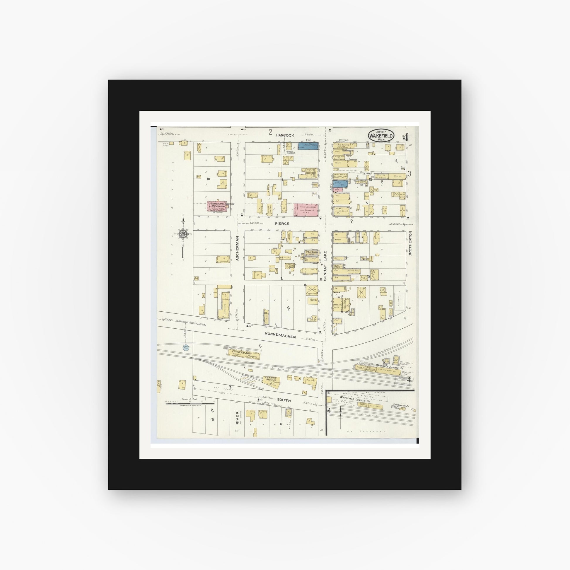 Old map wall art mockup — black gallery frame with white mat — Sanborn Fire Insurance Map from Wakefield, Gogebic County, Michigan (1917), Sheet #0004