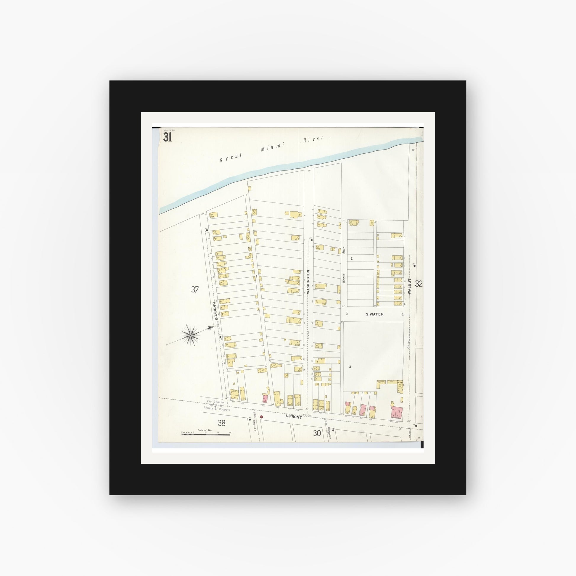 Old map wall art mockup — black gallery frame with white mat — Sanborn Fire Insurance Map from Hamilton, Butler County, Ohio (1899), Sheet #0031