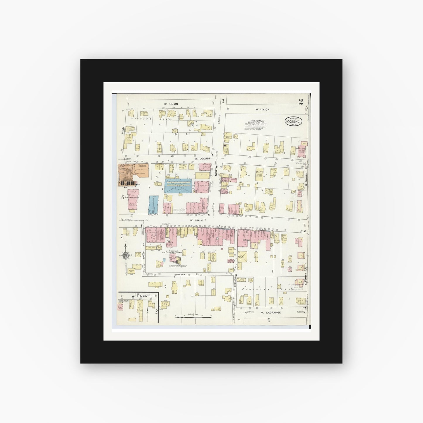 Old map wall art mockup — black gallery frame with white mat — Sanborn Fire Insurance Map from Morenci, Lenawee County, Michigan (1914), Sheet #0002
