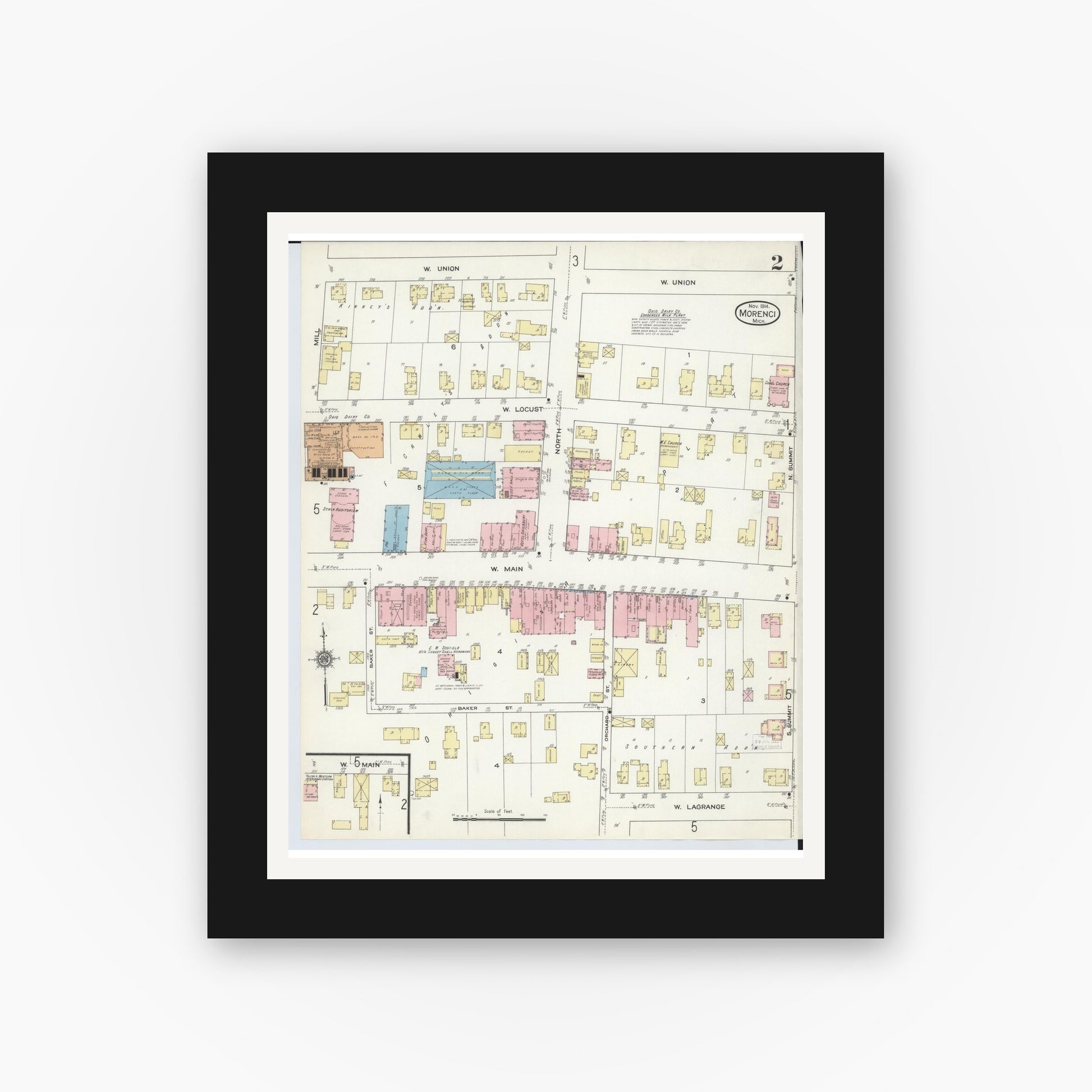 Old map wall art mockup — black gallery frame with white mat — Sanborn Fire Insurance Map from Morenci, Lenawee County, Michigan (1914), Sheet #0002
