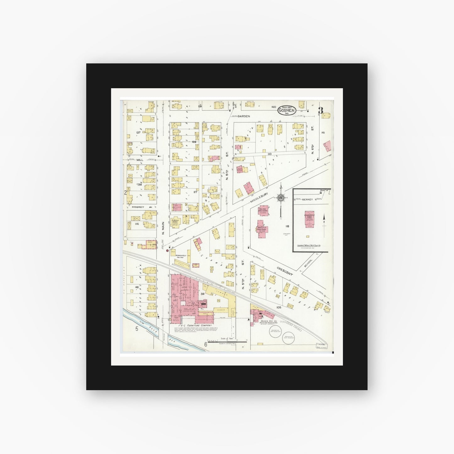 Old map wall art mockup — black gallery frame with white mat — Sanborn Fire Insurance Map from Goshen, Elkhart County, Indiana (1917), Sheet #0003