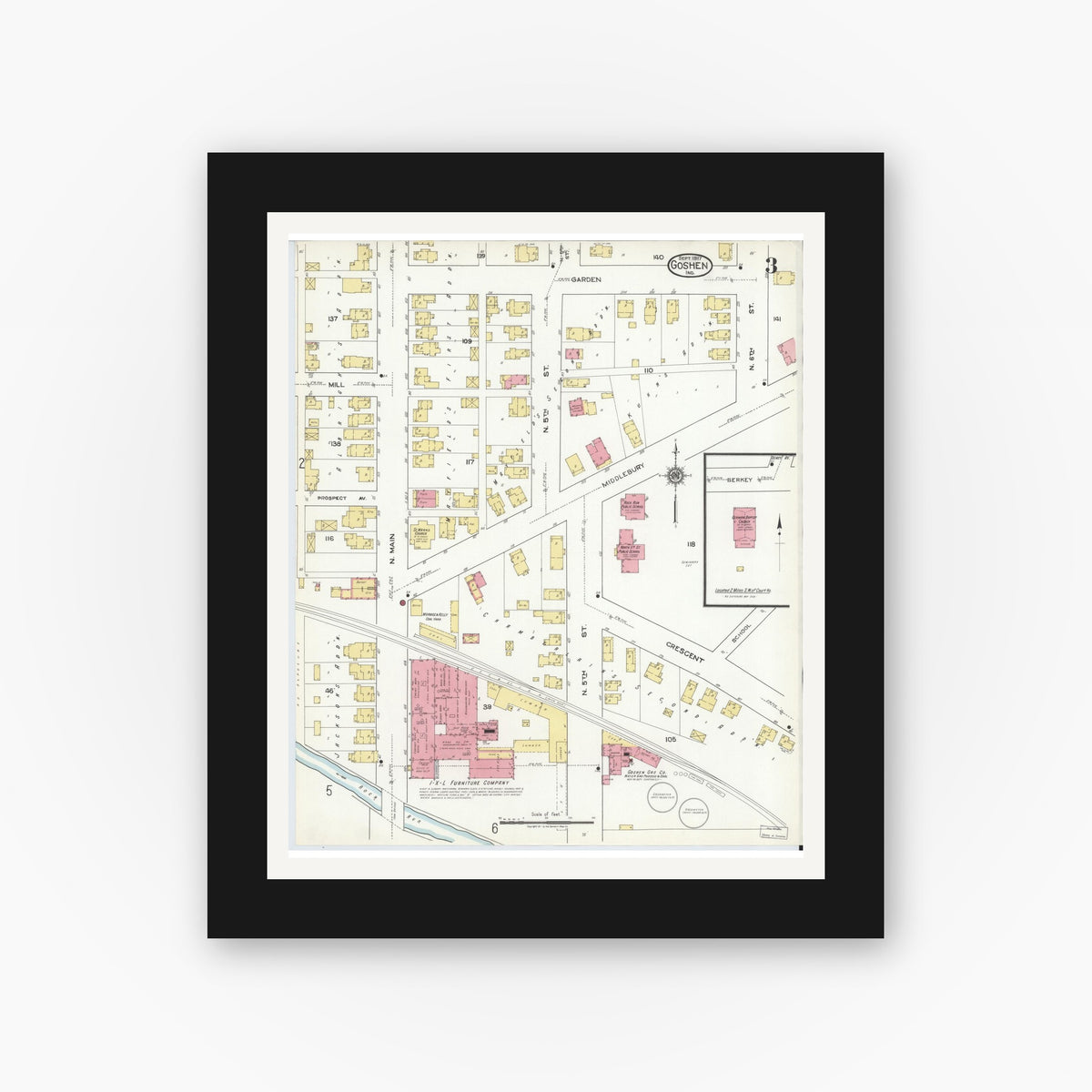 Old map wall art mockup — black gallery frame with white mat — Sanborn Fire Insurance Map from Goshen, Elkhart County, Indiana (1917), Sheet #0003